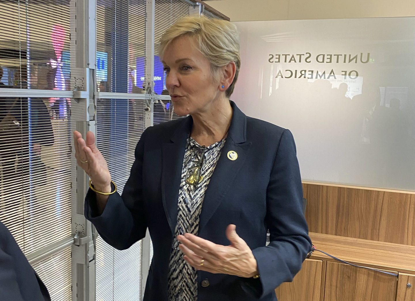 U.S. Energy Secretary Jennifer Granholm gestures as she speaks at the UN offices in Vienna, on Sept. 25, 2023.
