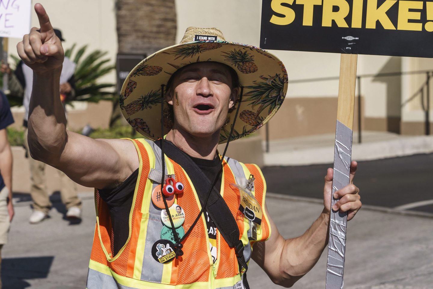 SAG-AFTRA strike Capt. and actor Brendan Bradley rallies a picket line as actors protests outside the Paramount Pictures Studio in Los Angeles, on Sept. 26, 2023.