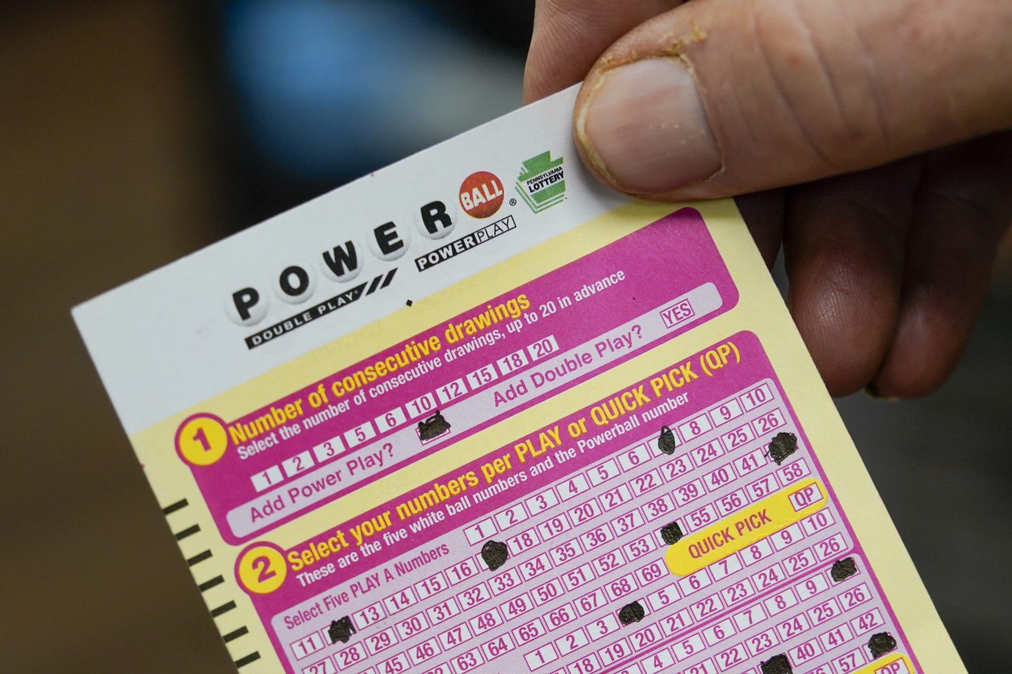 A Powerball ticket with numbers that will in all likelihood not win the lottery jackpot.