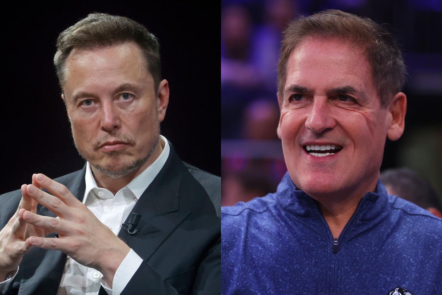 Left: X owner Elon Musk. Right: Dallas Mavericks owner Mark Cuban.
