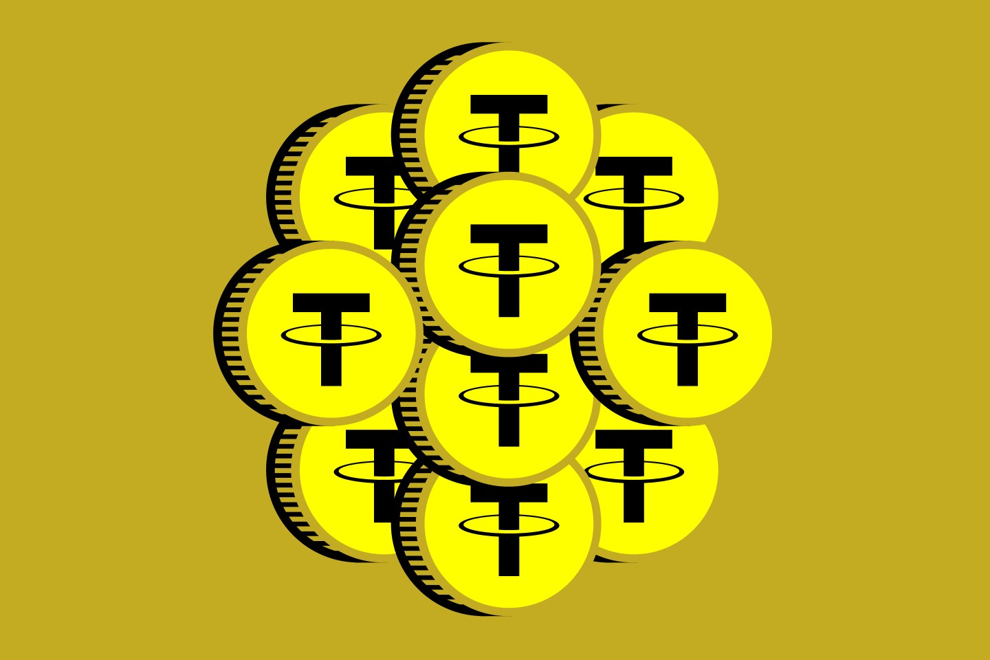 An illustration of a group of coins with Tether's logo printed on them.