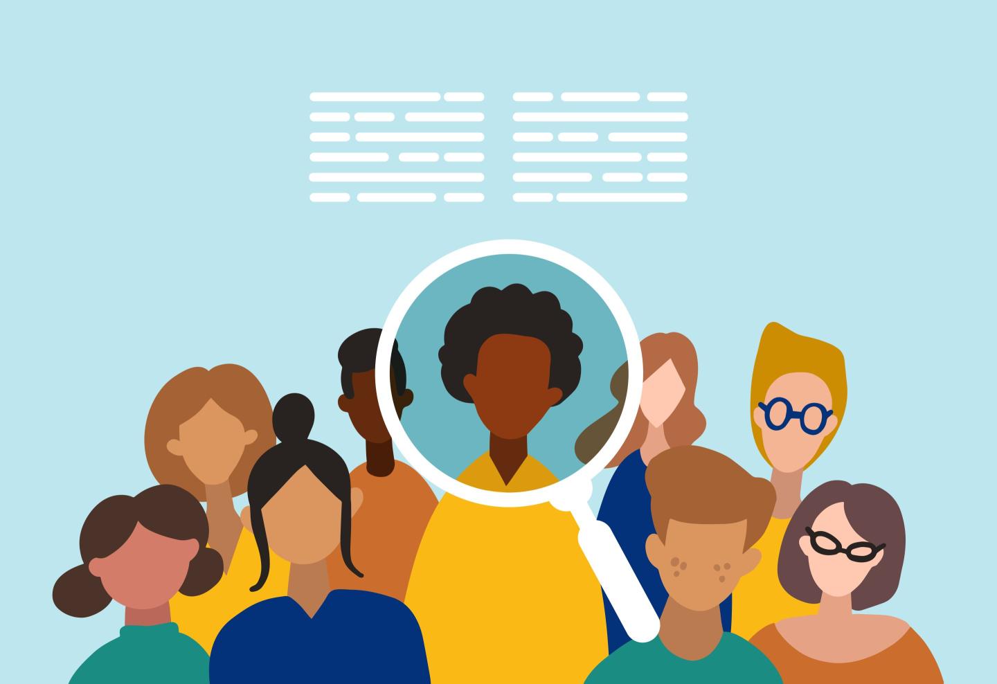 Stock illustration of a giant magnifying glass examining a group of people.