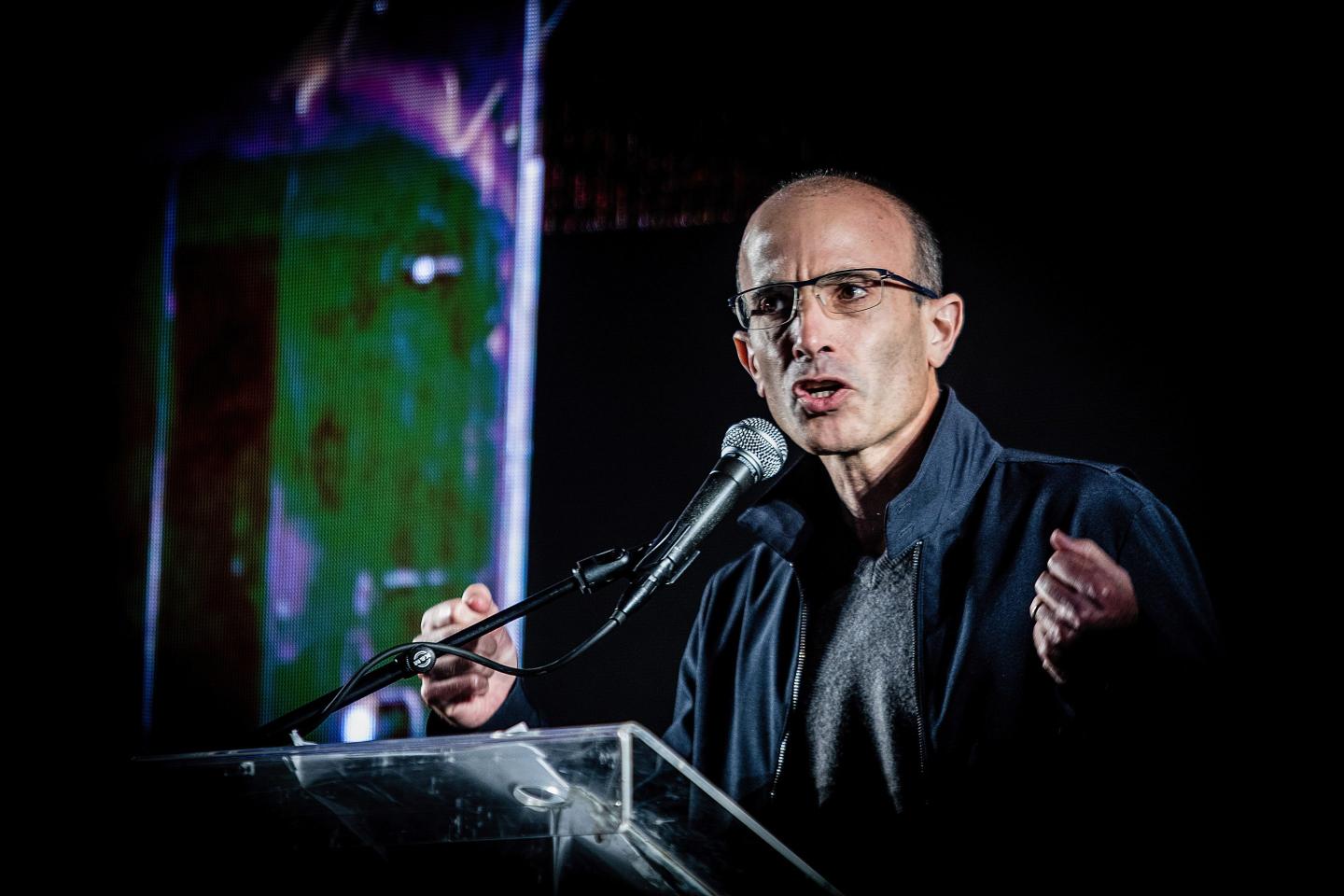 Prof. Yuval Noah Harari, speaks during a demonstration in Tel Aviv.