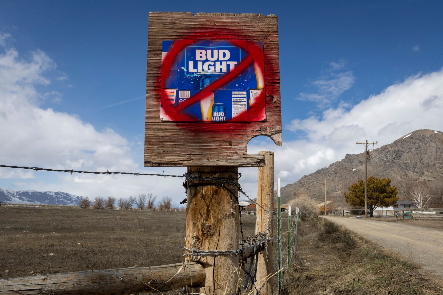 A Bud Light package with a "no" symbol painted through it in Arco, Idaho in April earlier this year.