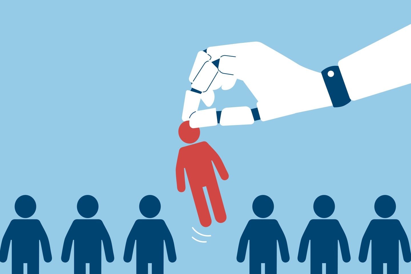 Stock illustration of a robot hand picking a stick figure out of a lineup.