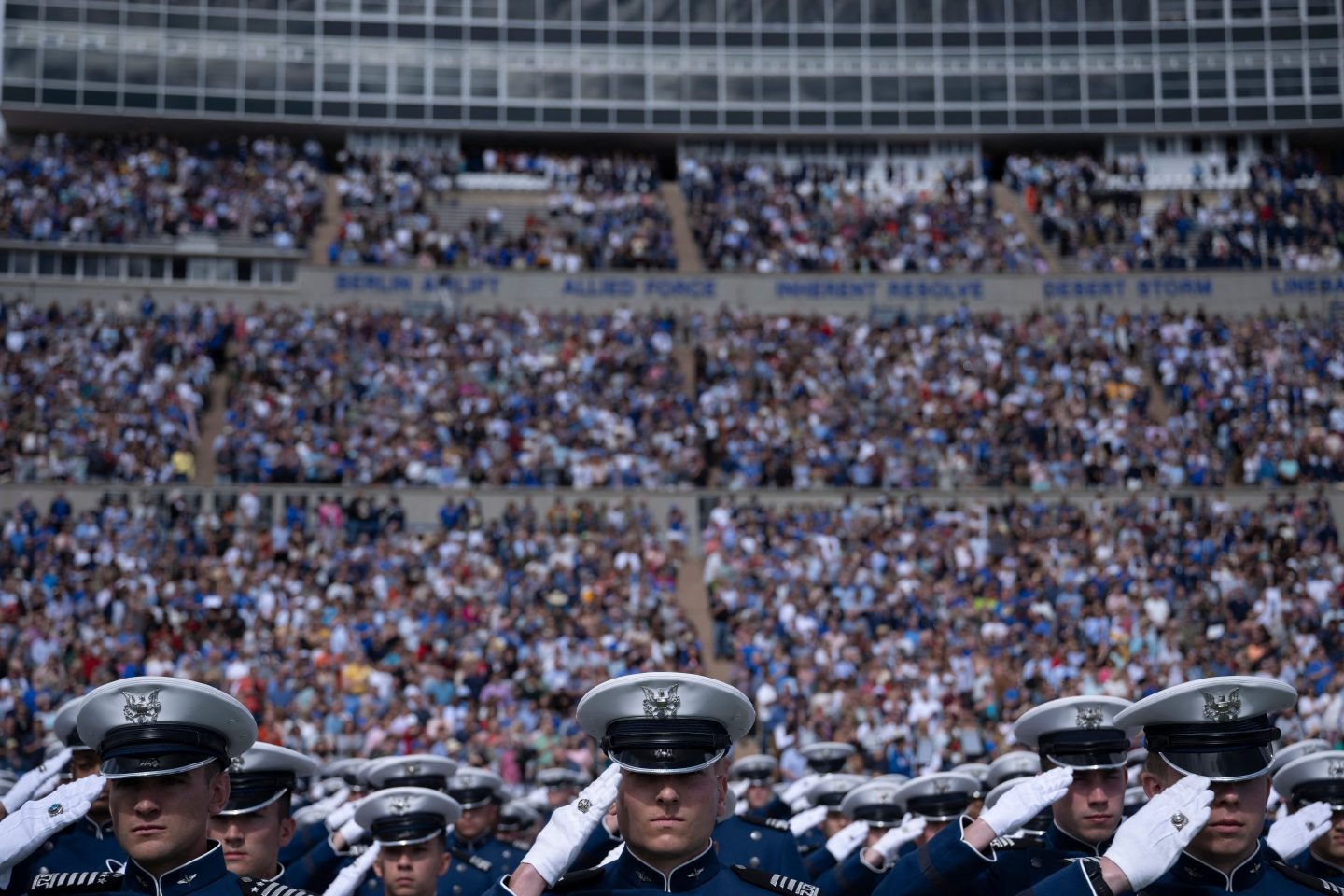Cadets attend their graduation ceremony at the United States Air Force Academy in El Paso County, Colorado, on Jun. 1.