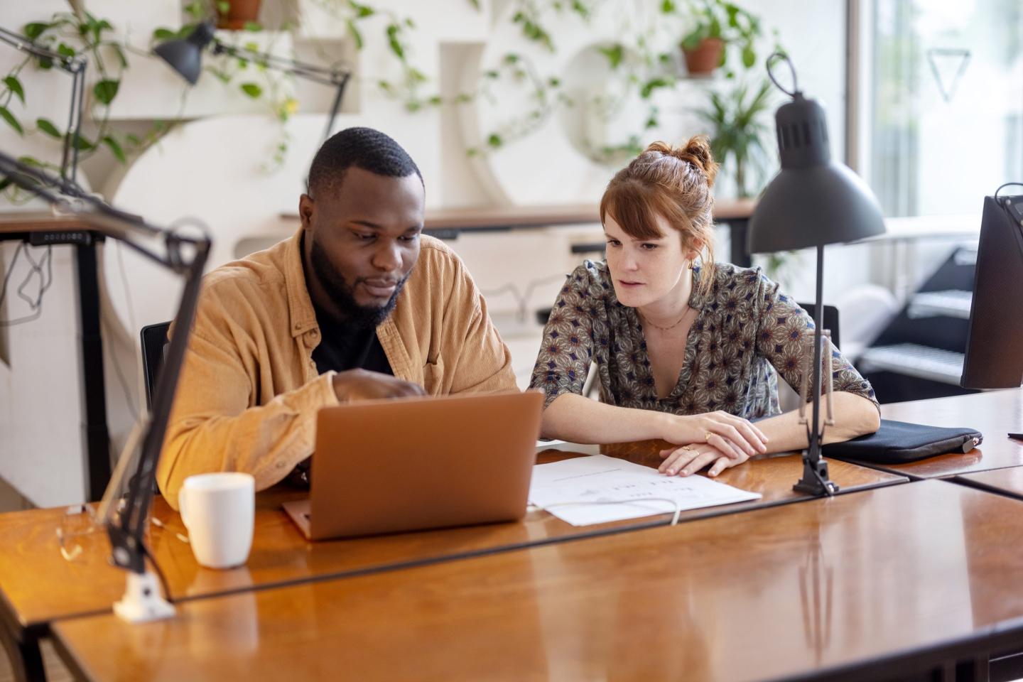 Two business colleagues looking at laptop and discussing a new project in the office.