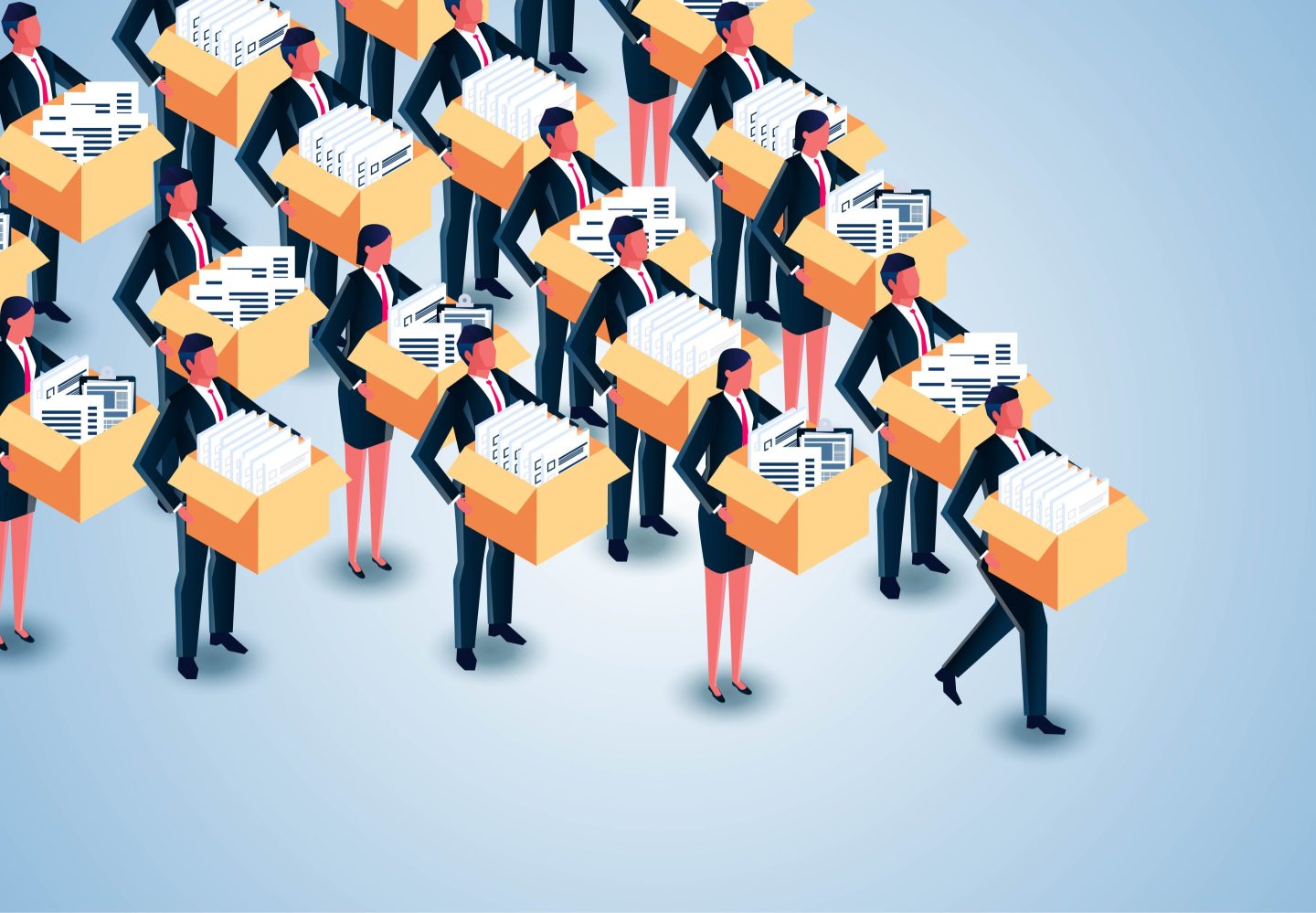 Illustration of a group of businessmen carrying piles of documents in cardboard boxes.