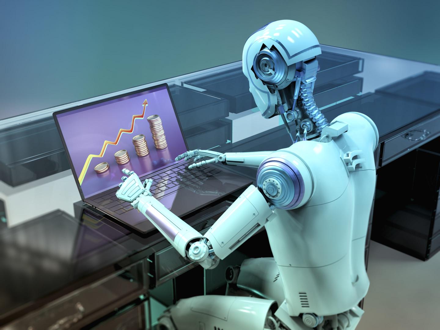 humanoid robot working on laptop studying financial chart