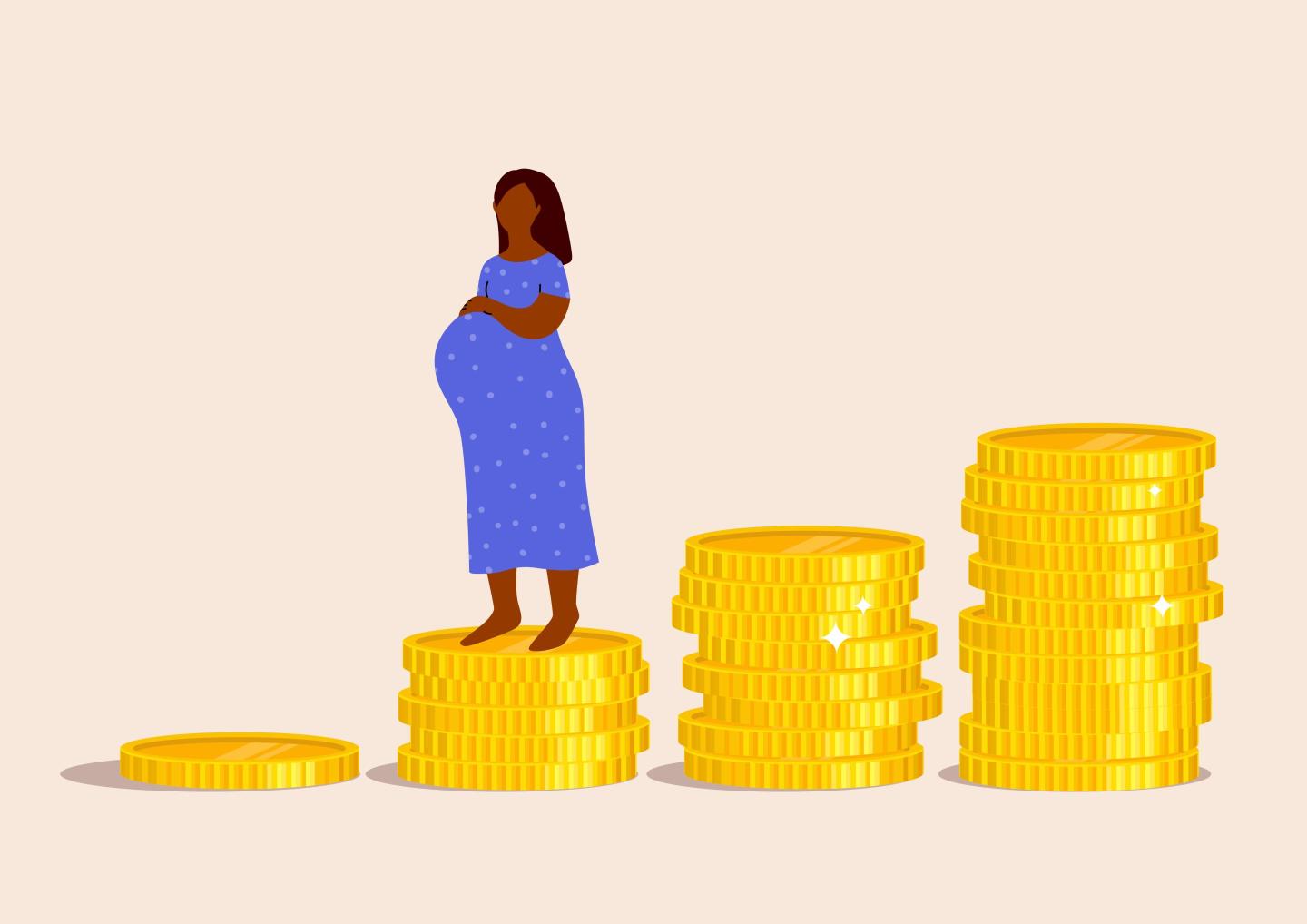 Stack of golden coins like income graph and pregnant woman.