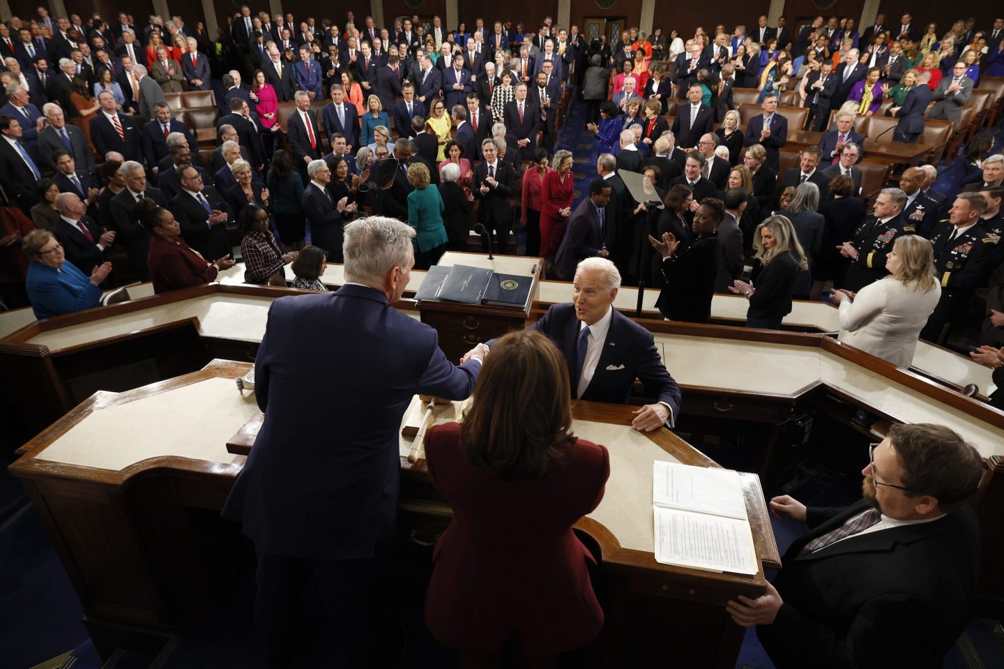 President Joe Biden greets House Speaker Kevin McCarthy (R-Calif.) before the State of the Union address on Feb. 7, 2023.
