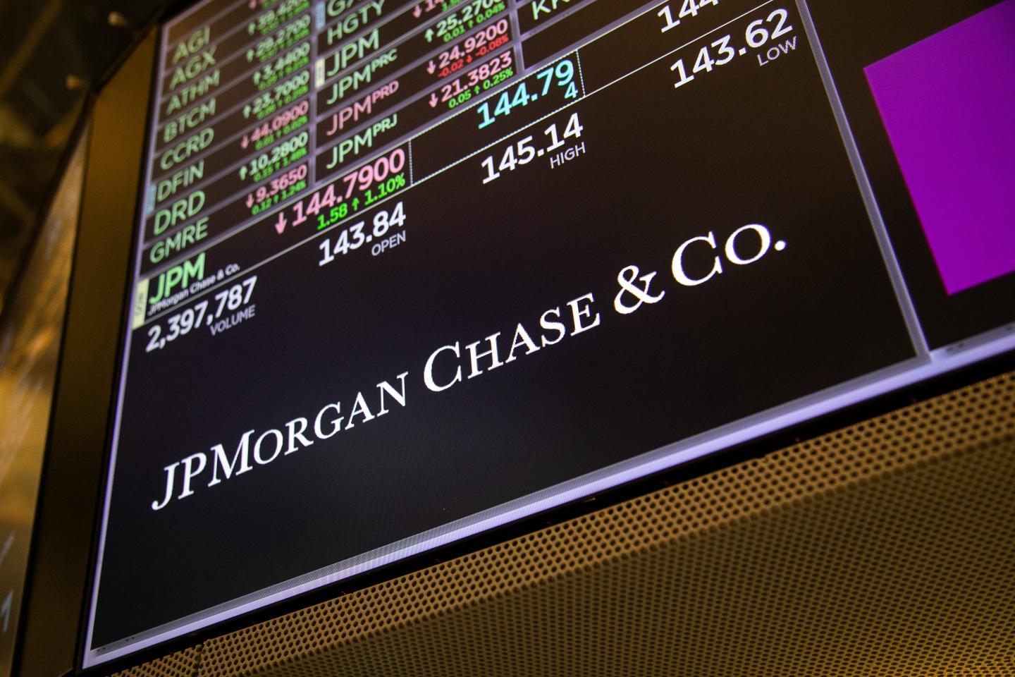 JPMorgan Chase signage displayed on the floor of the New York Stock Exchange.