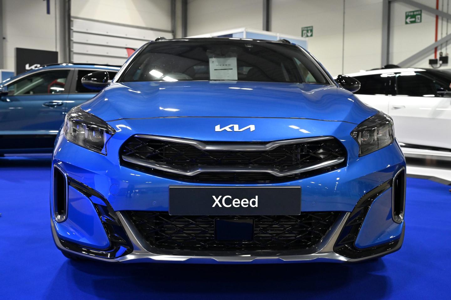 A KIA XCeed is displayed during the British Motor Show at Farnborough International Exhibition Centre on August 17, 2023 in Farnborough, England