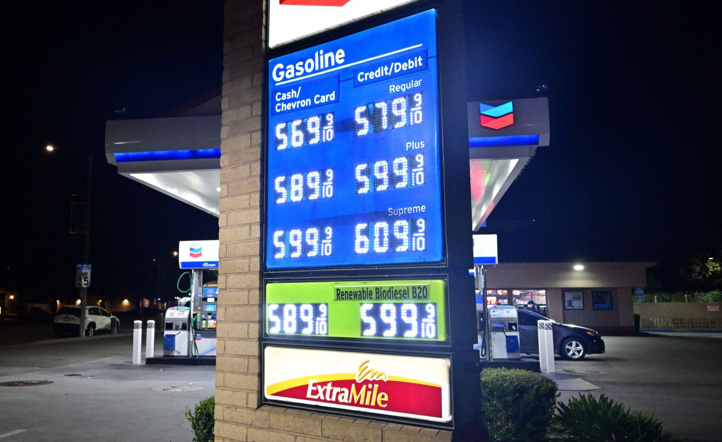 Gas prices on display at a petrol station in La Puente.