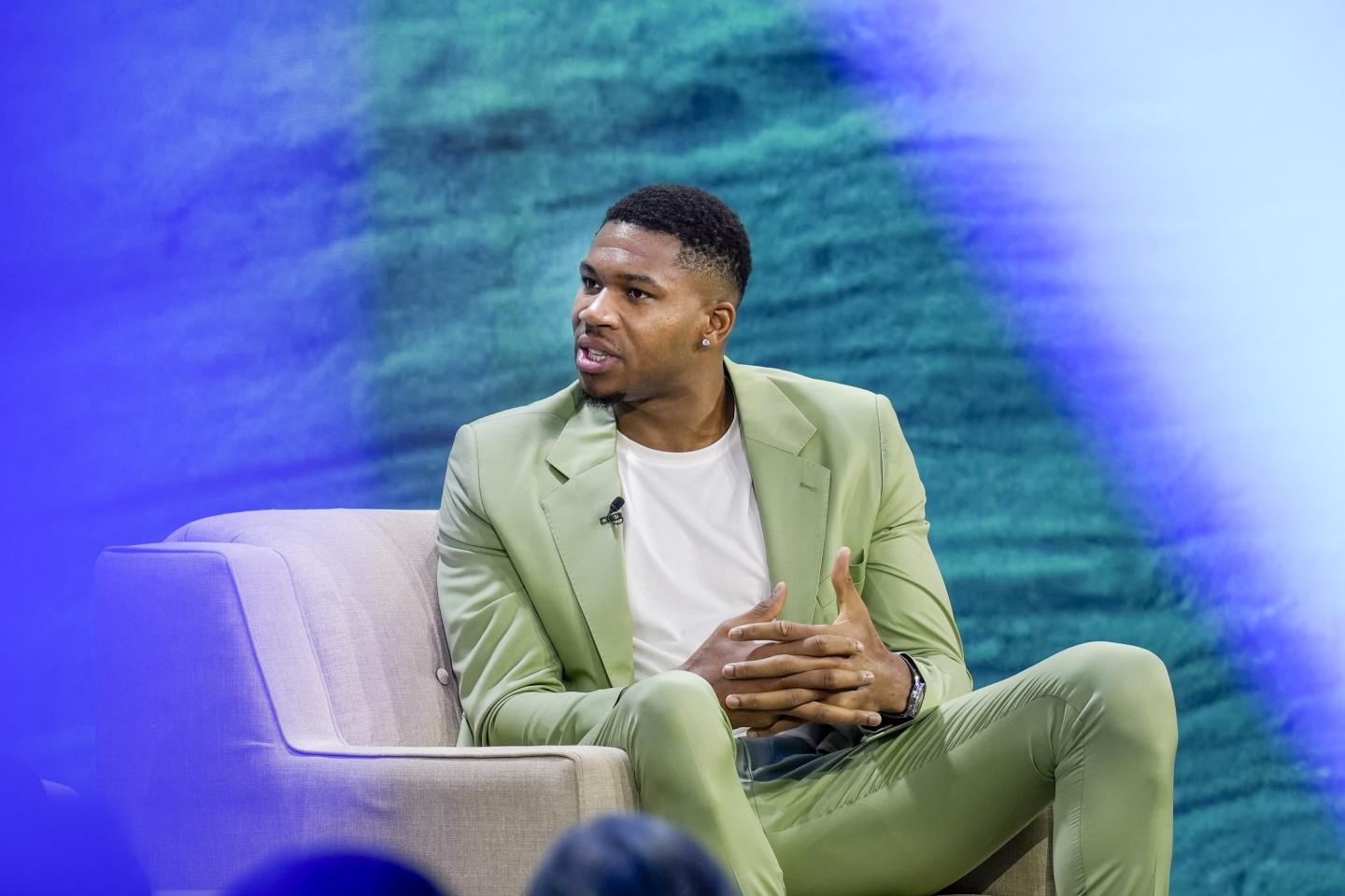 NBA player Giannis Antetokounmpo speaks about how he stays mentally tough at an industry event in New York City on September 6. 