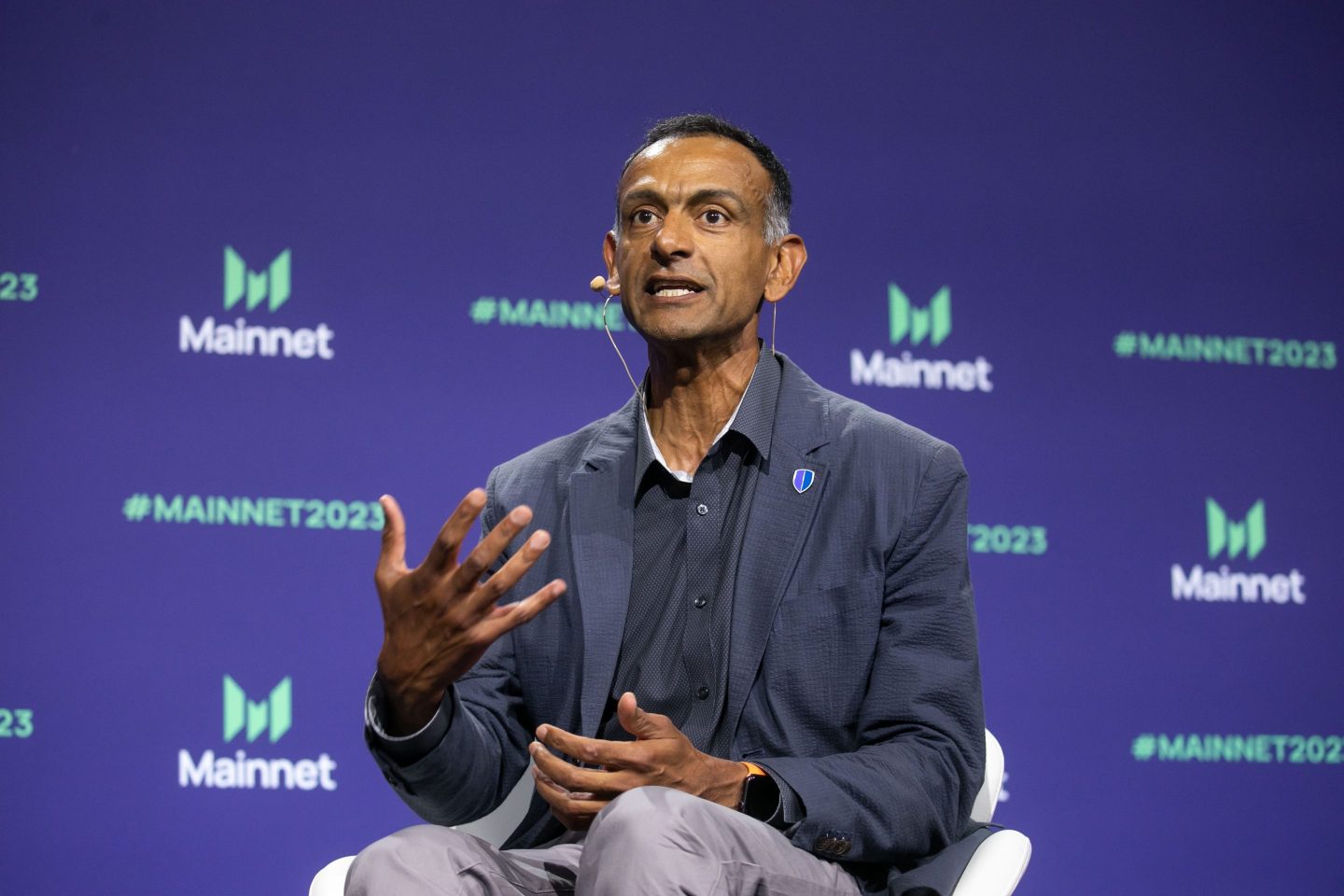 Paul Grewal, chief legal officer of Coinbase, speaks during the Messari Mainnet summit in New York on Sept. 20, 2023.