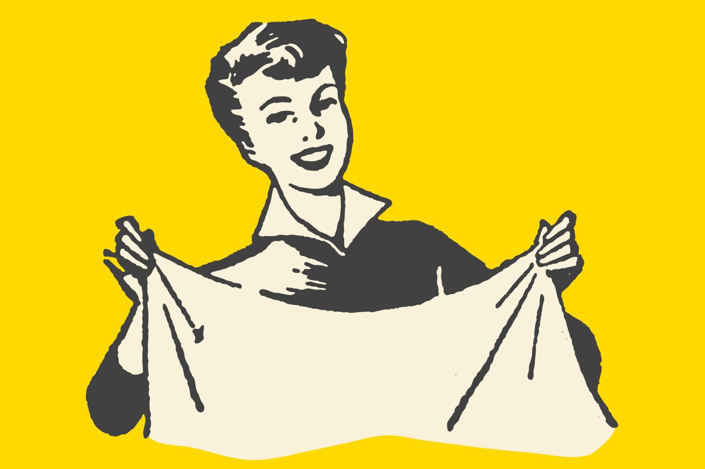 Vintage drawing of a housewife folding clothes