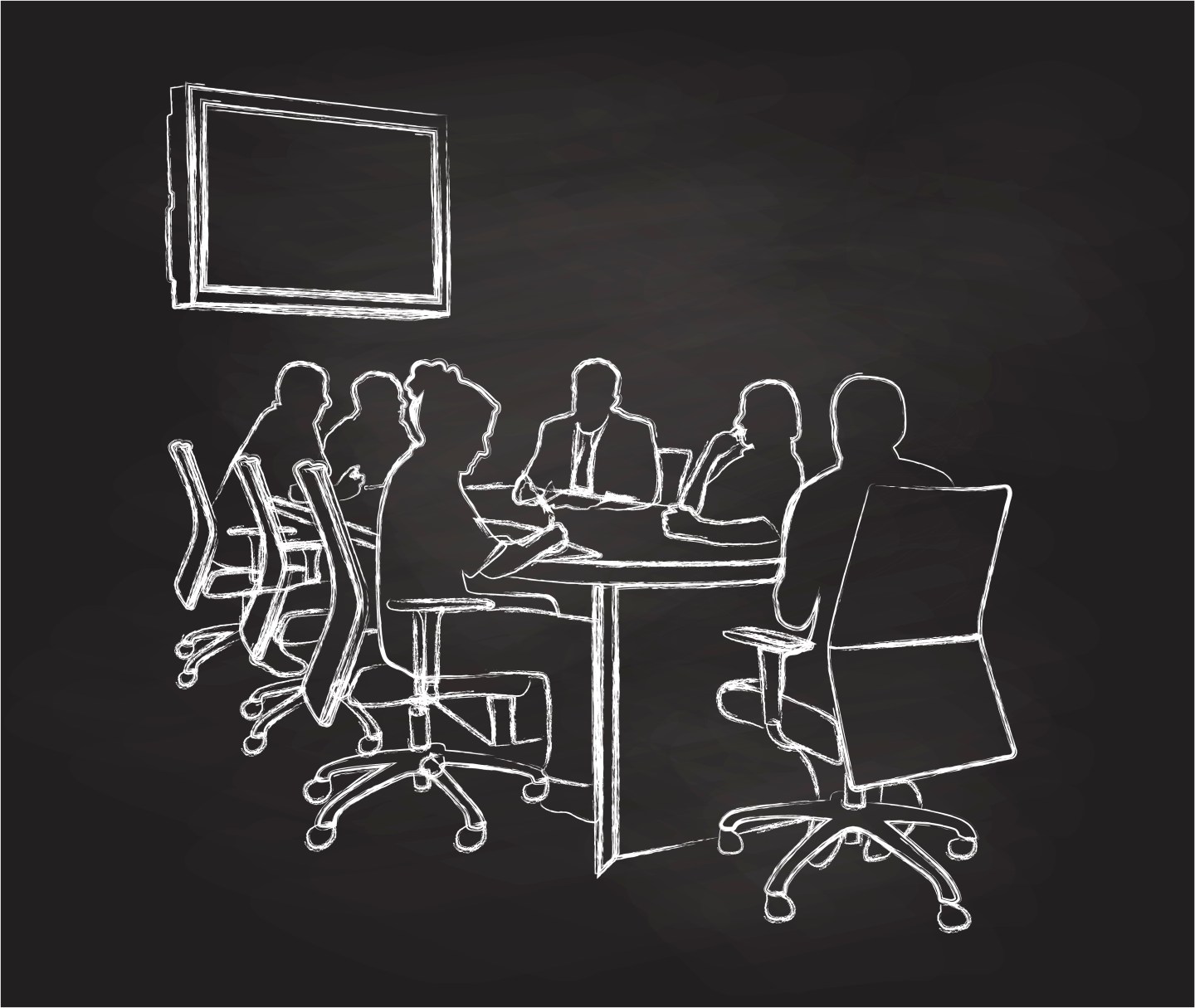A chalk outline silhouette illustration of a business meeting in a conference room.