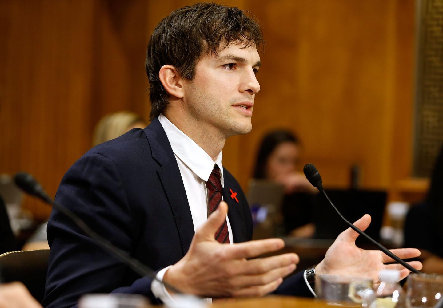Ashton Kutcher, Actor and Co-Founder of Thorn: Digital Defenders of Children, speaks at a Senate Foreign Relations Committee hearing on Ending Modern Slavery: Building on Success at Dirksen Senate Office Building on February 15, 2017 in Washington, DC.