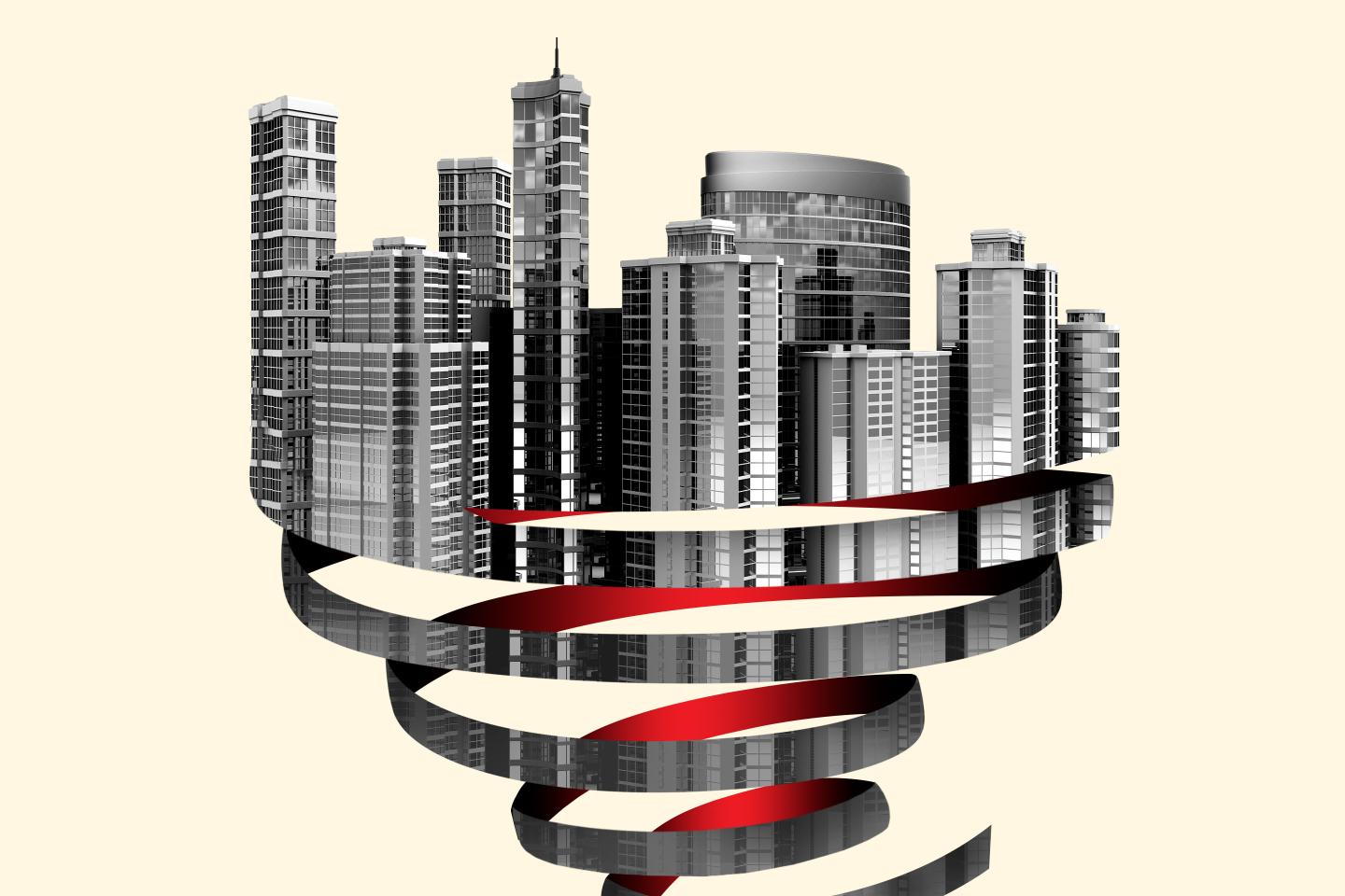 Photo illustration of office buildings being shredded from the bottom