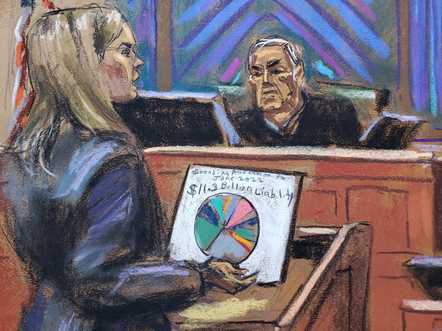 FTX founder Sam Bankman-Fried (not seen) is questioned by prosecutor Danielle Sassoon during his fraud trial in this courtroom sketch.