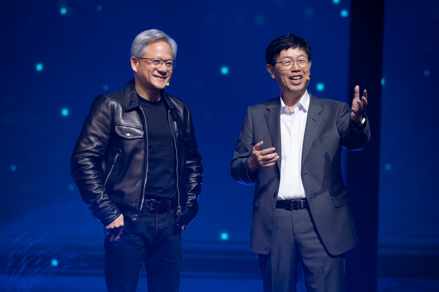 Foxconn's chairman Young Liu shares the stage of Nvidia's CEO Jensen Huang at Foxconn's annual tech day in Taipei.
