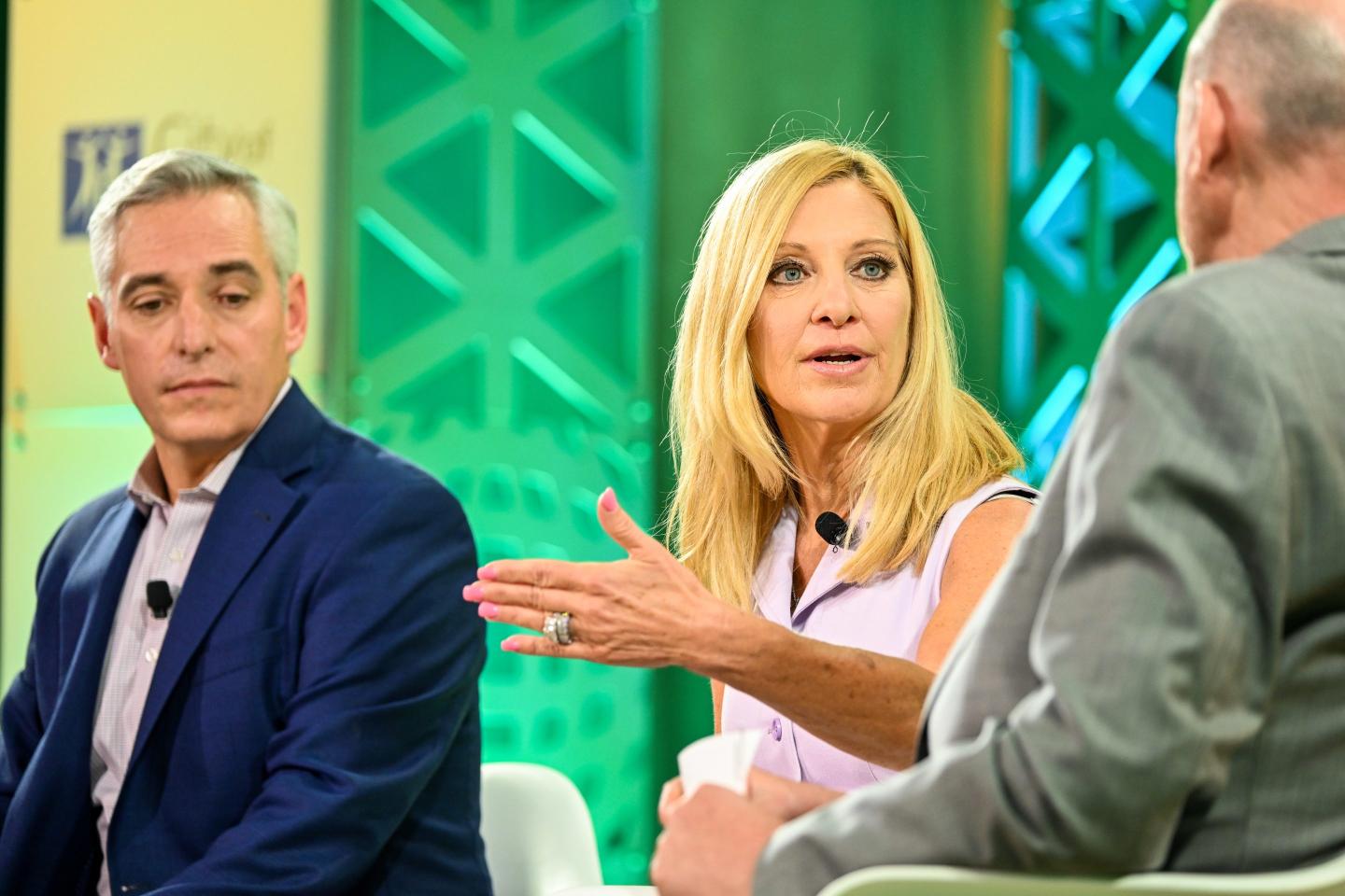 CVS Health CEO Karen Lynch speaks at Fortune's Brainstorm Health conference in April 2023, alongside DaVita CEO Javier J. Rodriguez and moderator Cliff Leaf. 