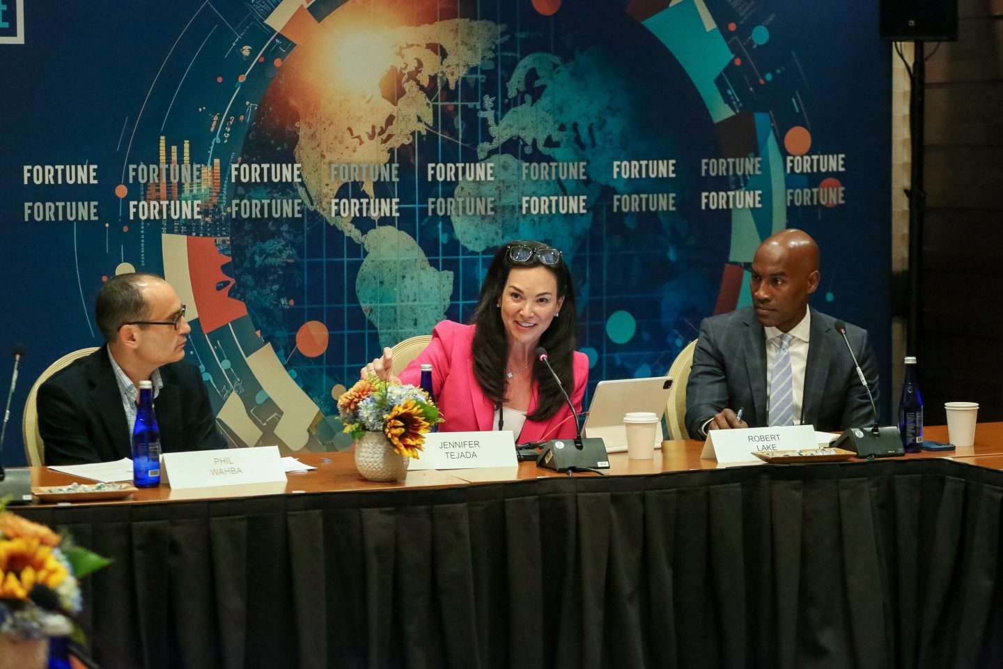 Rob Lake, co-founder and CEO of Boulevard (right), and Jennifer Tejada, chairperson and CEO of PagerDuty, in conversation with Fortune's Phil Wahba at the Fortune CEO Initiative on Oct. 3, 2023.