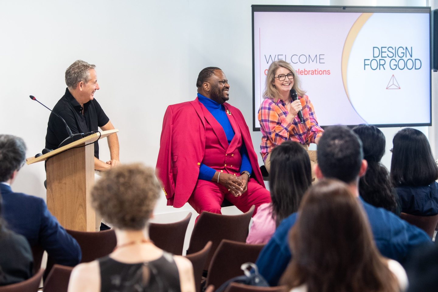 Sean Carney, former chief design officer for Philips; Teman Evans, chief design officer at General Mills; and Ximena O'Reilly, chief design officer at Nestle, speak at a Design for Good event in June.