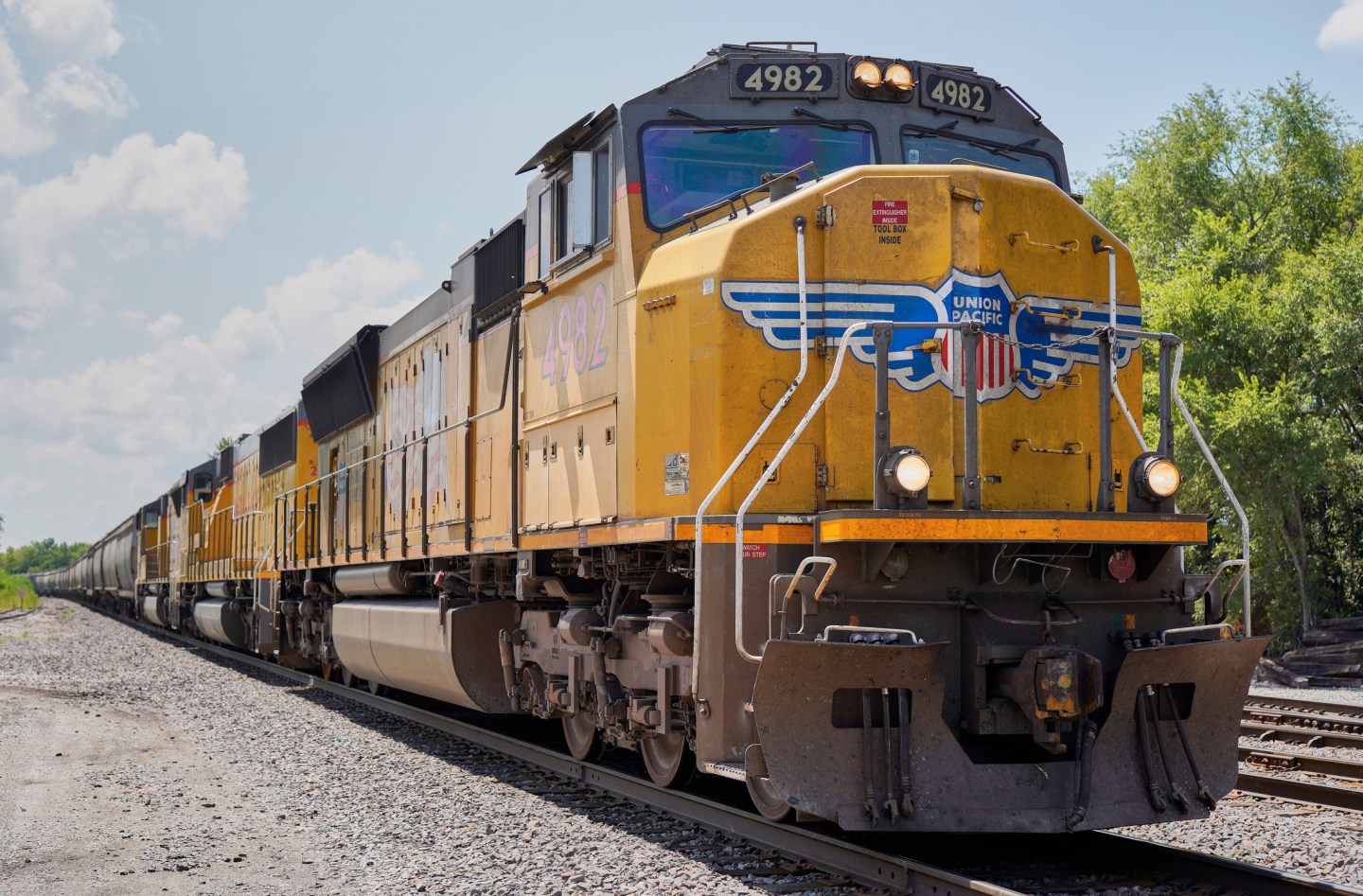 A Union Pacific train travels through Union, Neb., July 31, 2018.