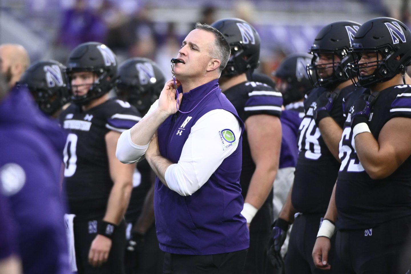 Northwestern head football coach Pat Fitzgerald directs the team before an NCAA college football game against Miami (Ohio), Sept. 24, 2022, in Evanston, Ill.
