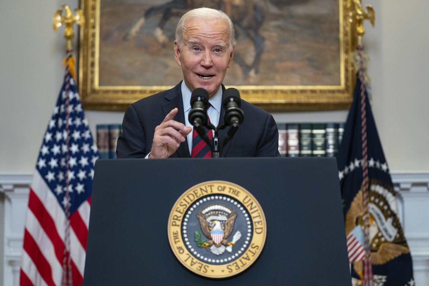 President Joe Biden speaks on student loan debt forgiveness, in the Roosevelt Room of the White House, Oct. 4, 2023, in Washington.