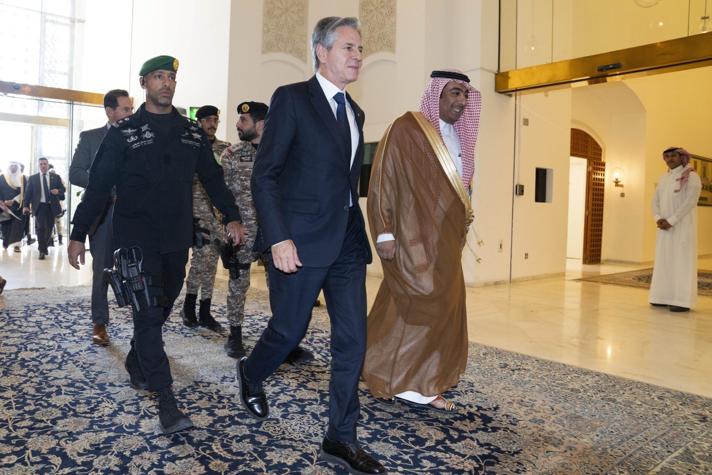 U.S. Secretary of State Antony Blinken arrives to meet with Saudi Foreign Minister Prince Faisal bin Farhan in Riyadh, Saudi Arabia, on Saturday.