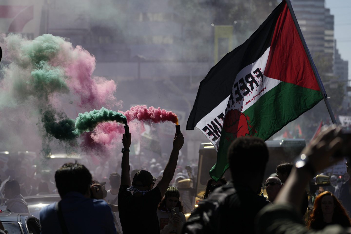 Demonstrators march during a pro-Palestinian protest on Saturday in Los Angeles.