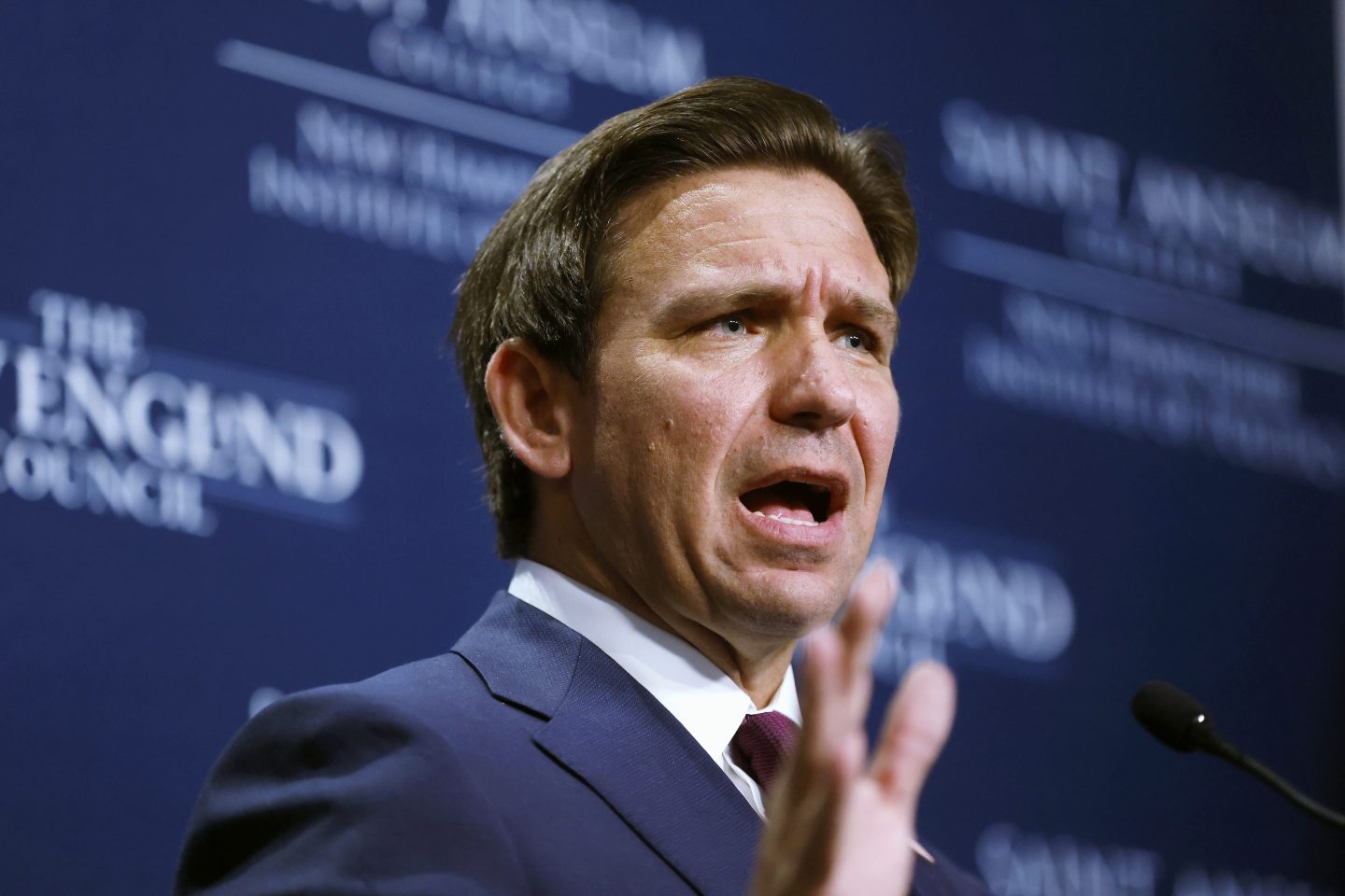 Ron DeSantis speaking at Saint Anselm College in New Hampshire.