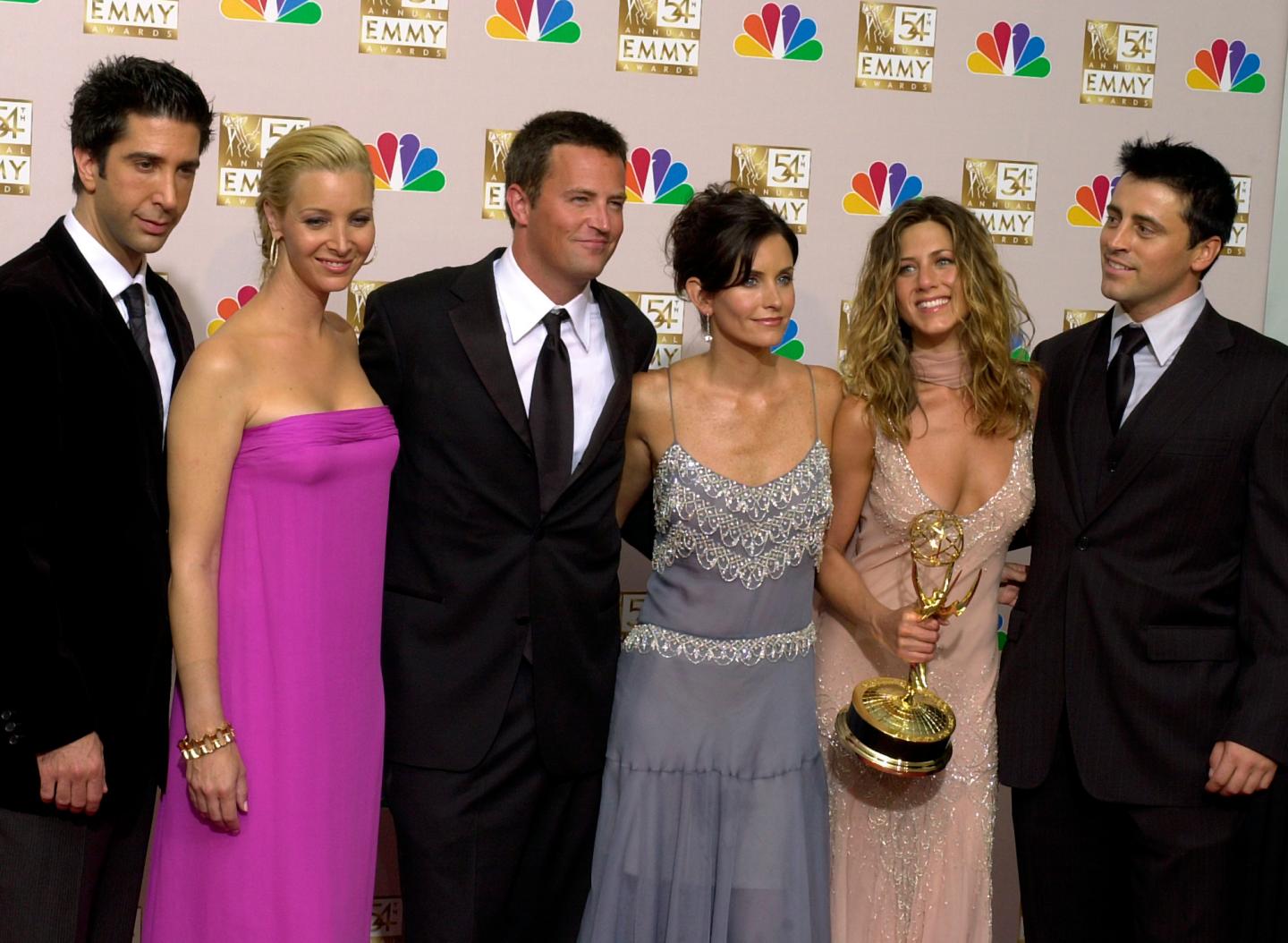 David Schwimmer, Lisa Kudrow, Matthew Perry, Courteney Cox, Jennifer Aniston and Matt LeBlanc on the Emmy Awards red carpet in 2002.