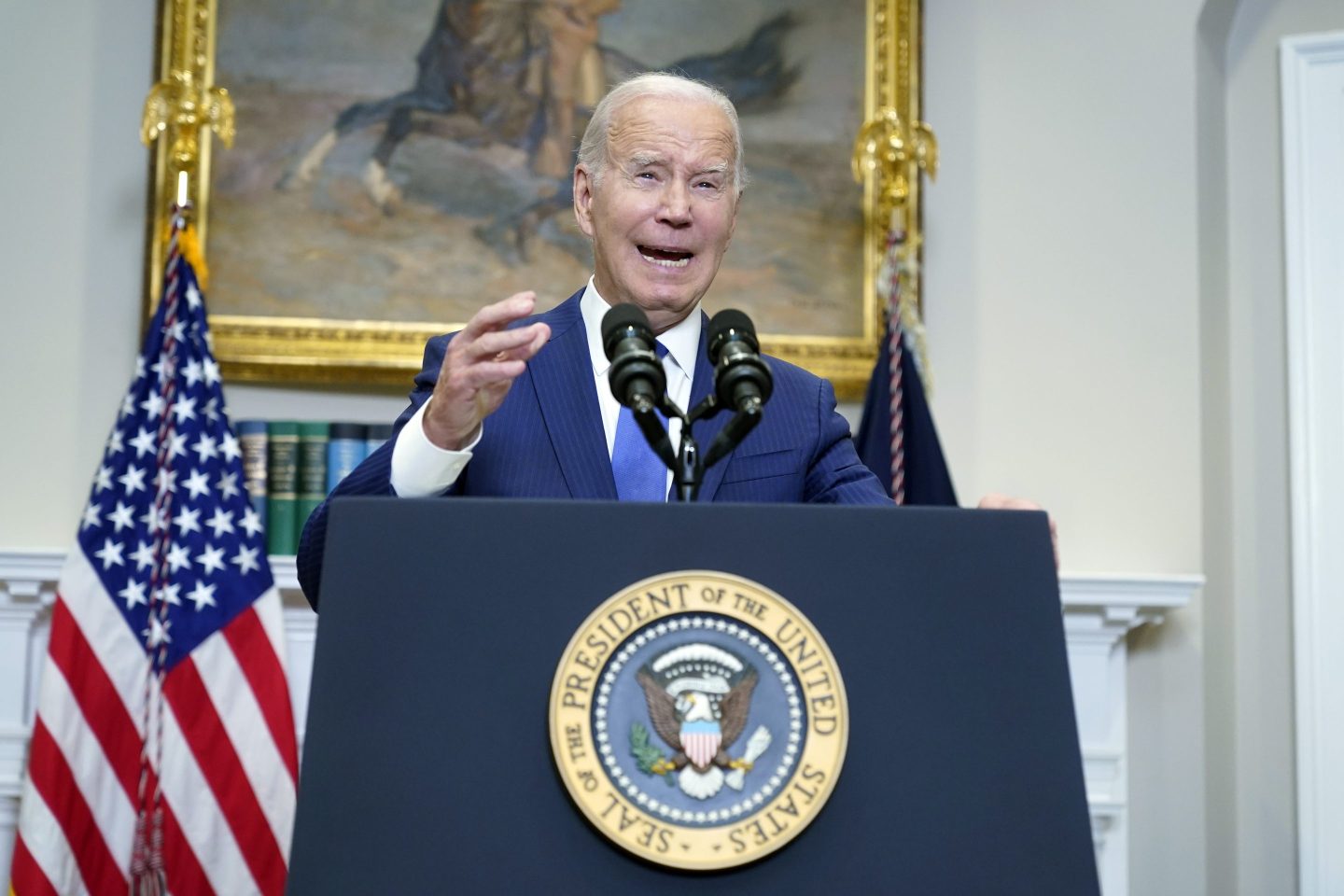 President Joe Biden speaks about artificial intelligence in the Roosevelt Room of the White House, on July 21, 2023, in Washington.