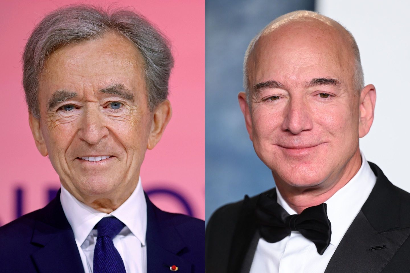 Bernard Arnault, left, has lost the number two position on the world's rich list to Amazon founder Jeff Bezos, right.