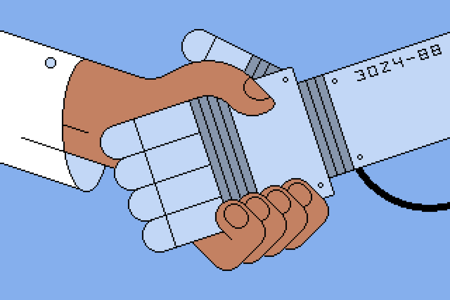 illustration of a human hand shaking a robot hand