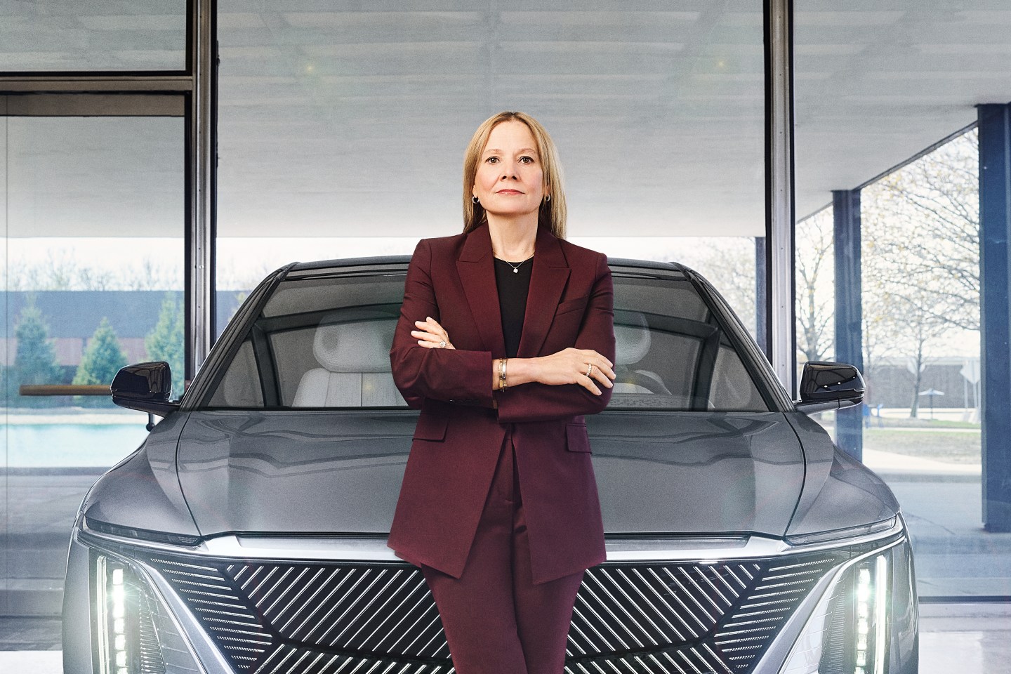 GM CEO Mary Barra photographed at GM's Design Center with the Cadillac LYRIQ EV on May 4, 2022, in Detroit.