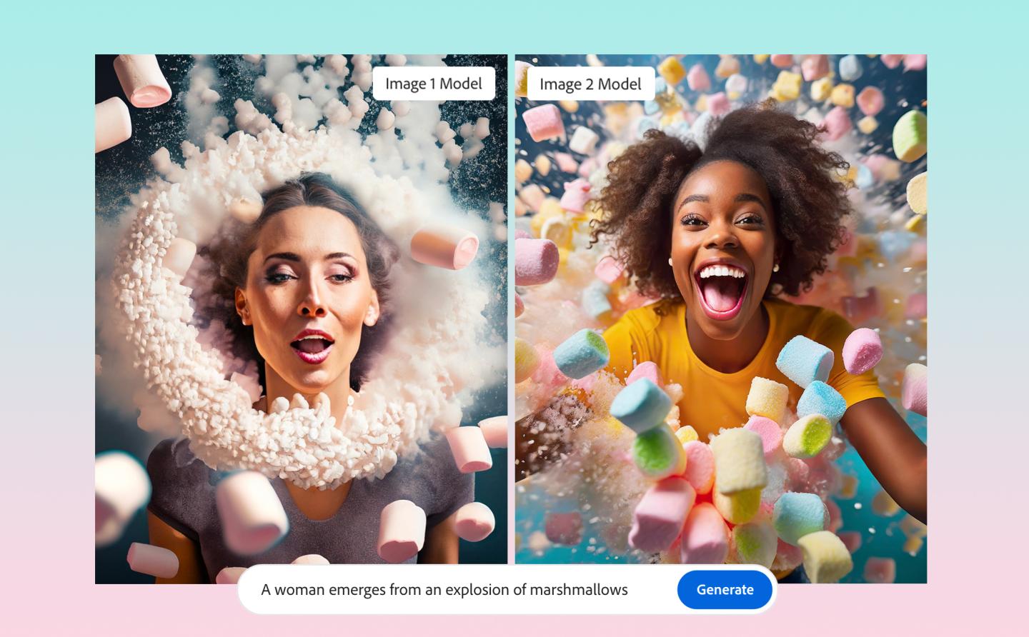 The graphic depicts the Firefly 1 model next to the Firefly 2 model, both showing the generated result of the prompt, "A women emerges from an explosion of marshmallows."