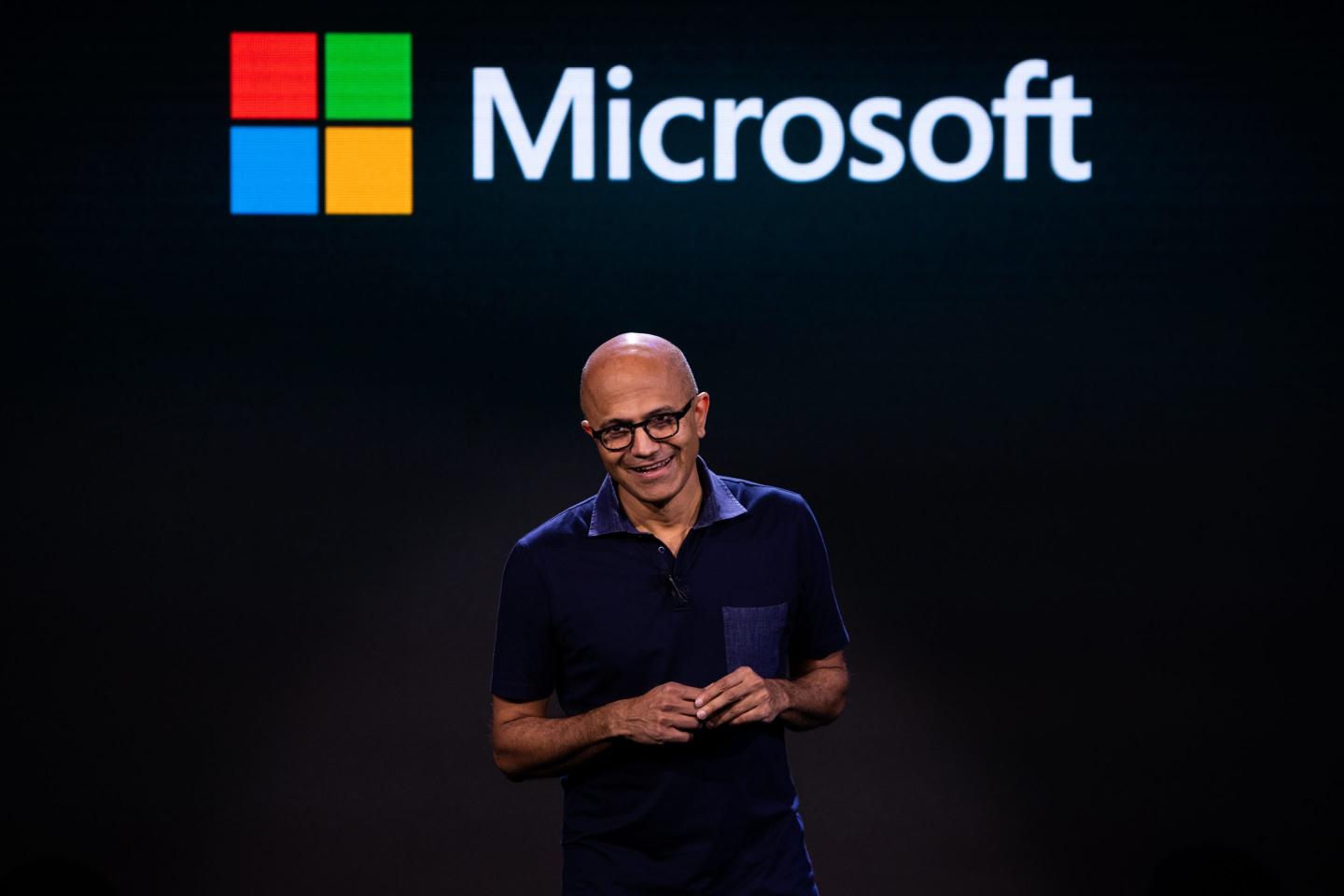 Satya Nadella, chief executive officer of Microsoft Corp., speaks during a Microsoft product event in New York, U.S., on Wednesday, Oct. 2, 2019. Microsoft unveiled a dual-screen, foldable phone that will run on Google's Android operating system, jumping back into a market it exited years ago.