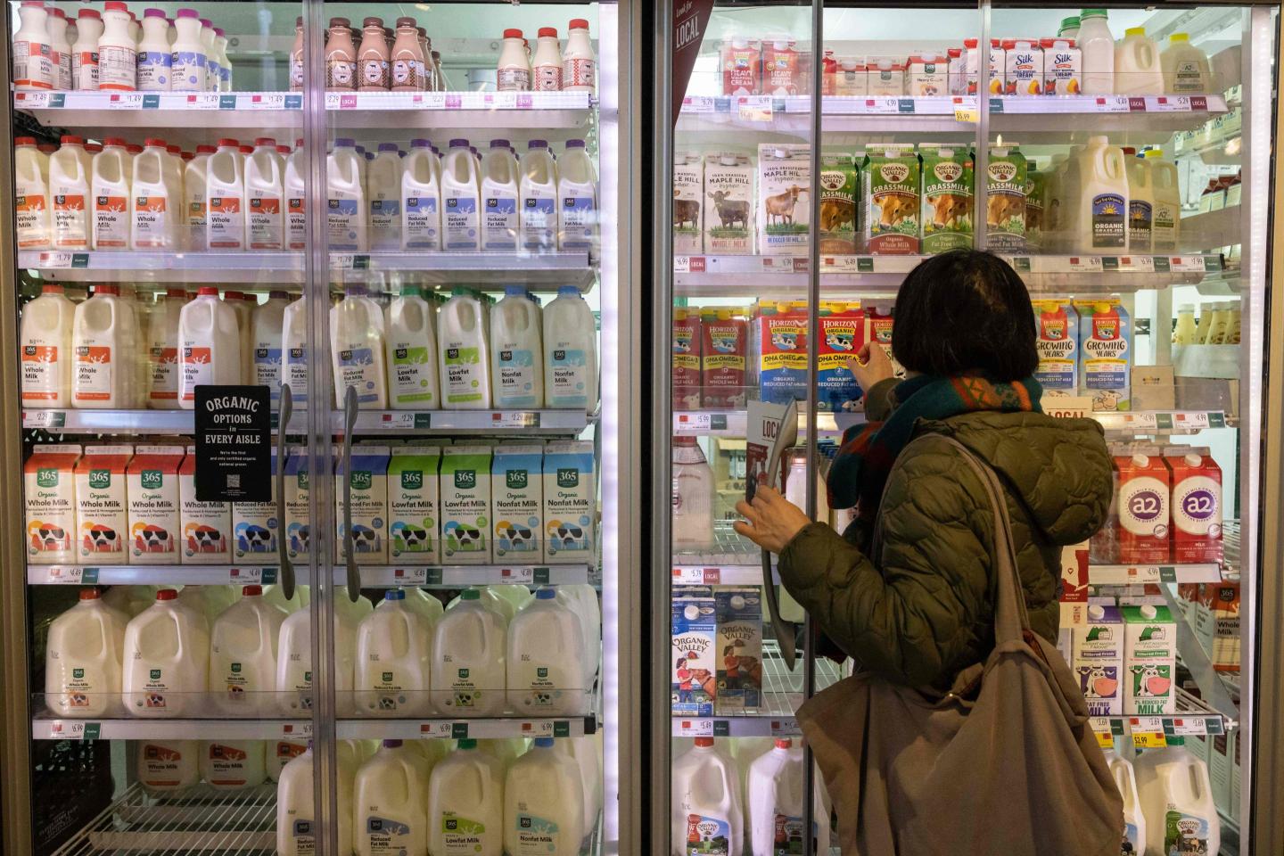 Women in a supermarket is selecting a dairy product