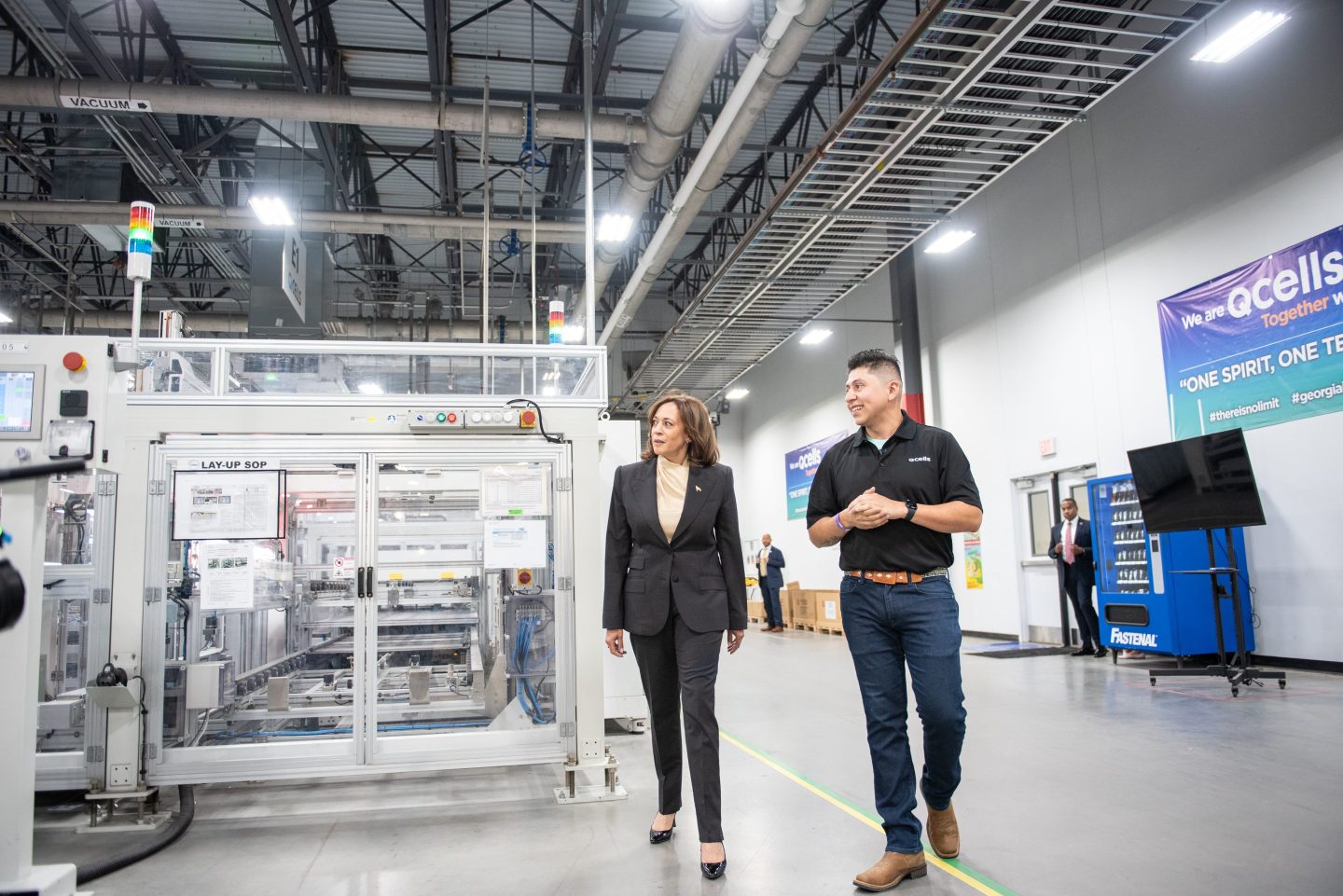 US Vice President Kamala Harris tours a Qcells solar panel manufacturing plant in Dalton, Georgia
