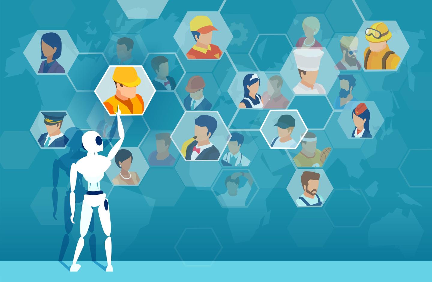 Vector of a robot being involved in search and recruitmet of a job candidate.
