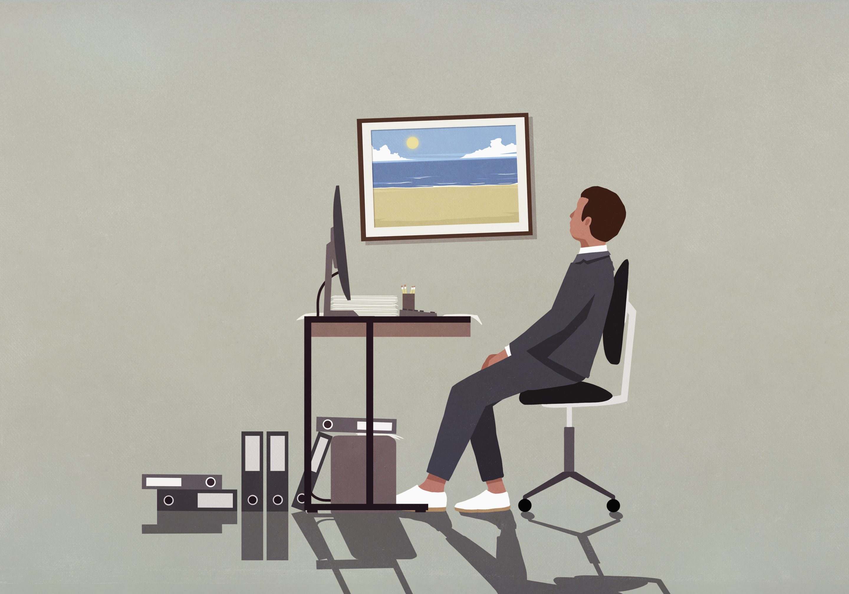 An illustration of a man sitting at a desk looking at a picture of the beach.