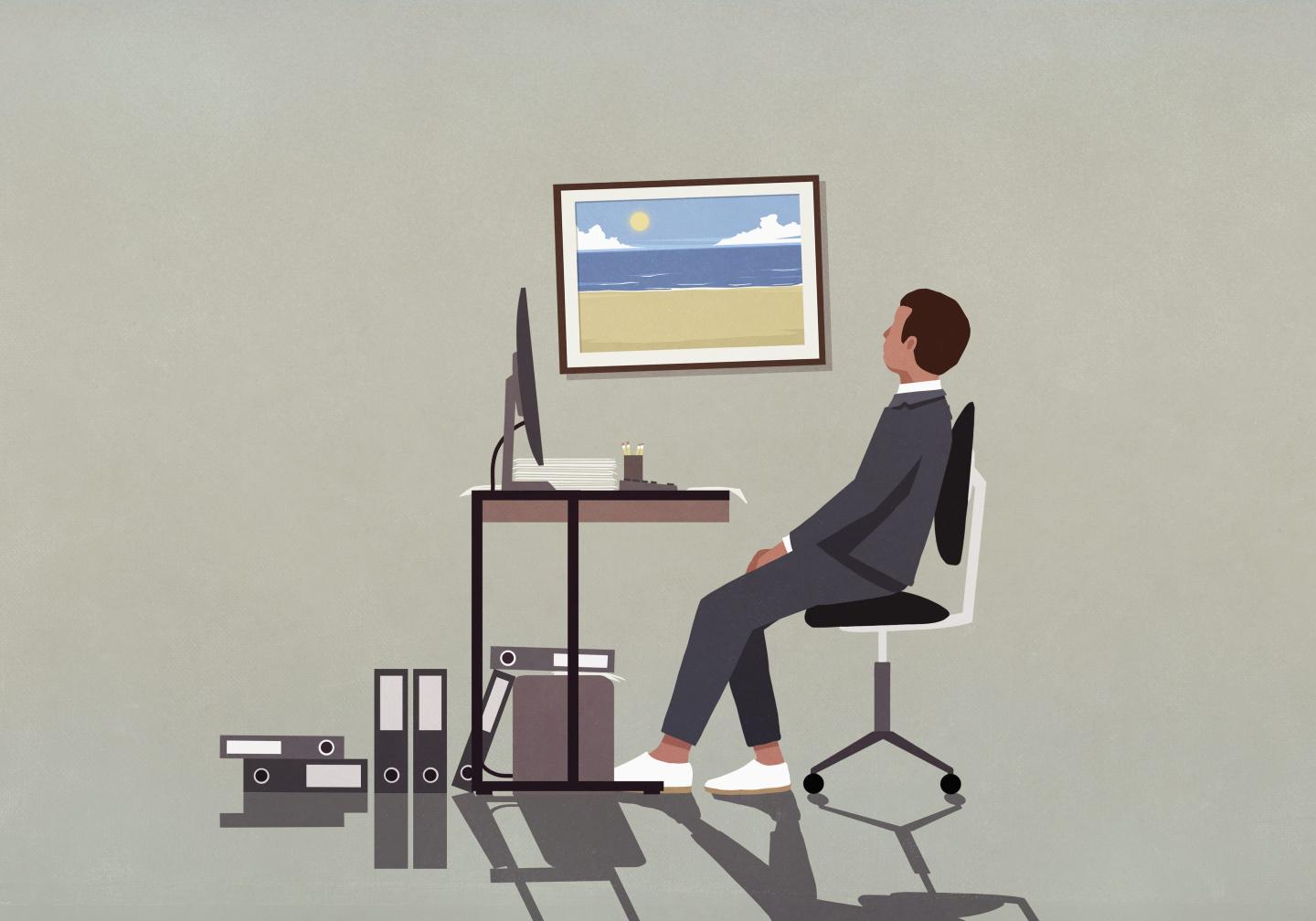 An illustration of a man sitting at a desk looking at a picture of the beach.