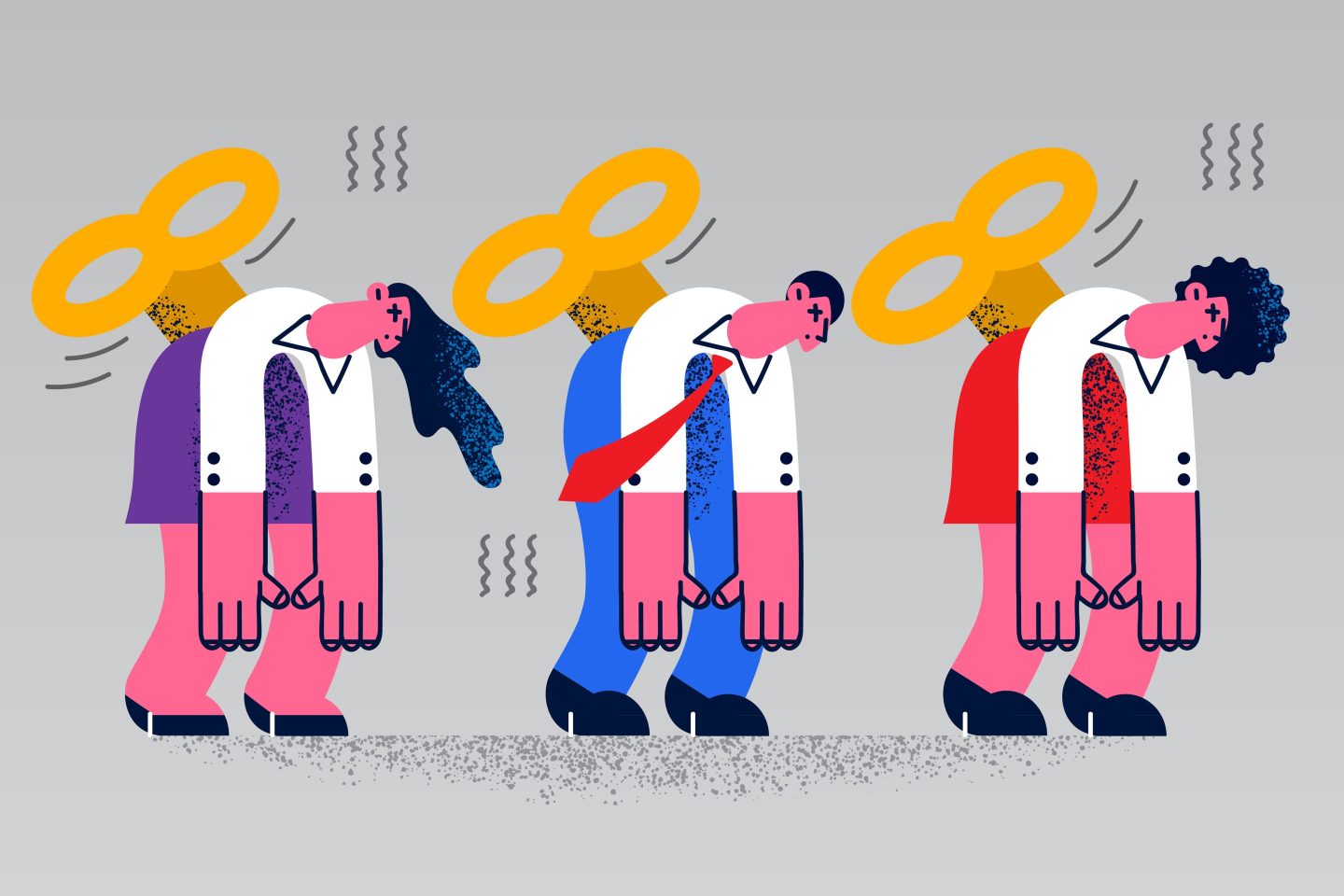 Illustration of tired business people with wind up clock on their backs.