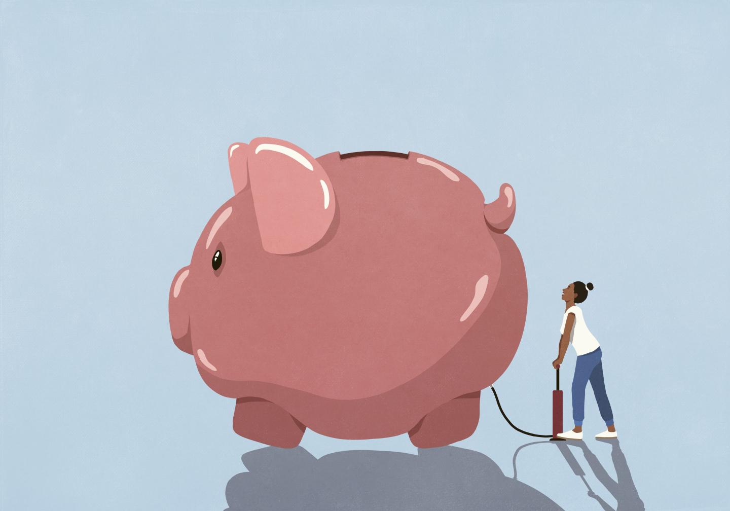 Woman inflating piggy bank with tire pump