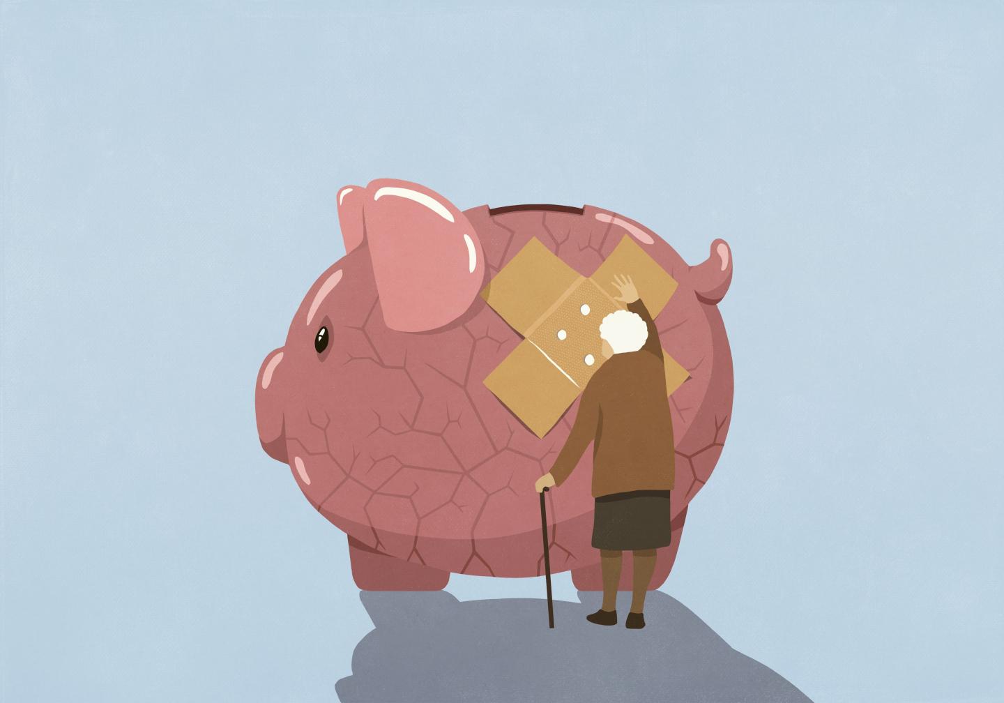 An image of an elderly person patching up a piggy bank.